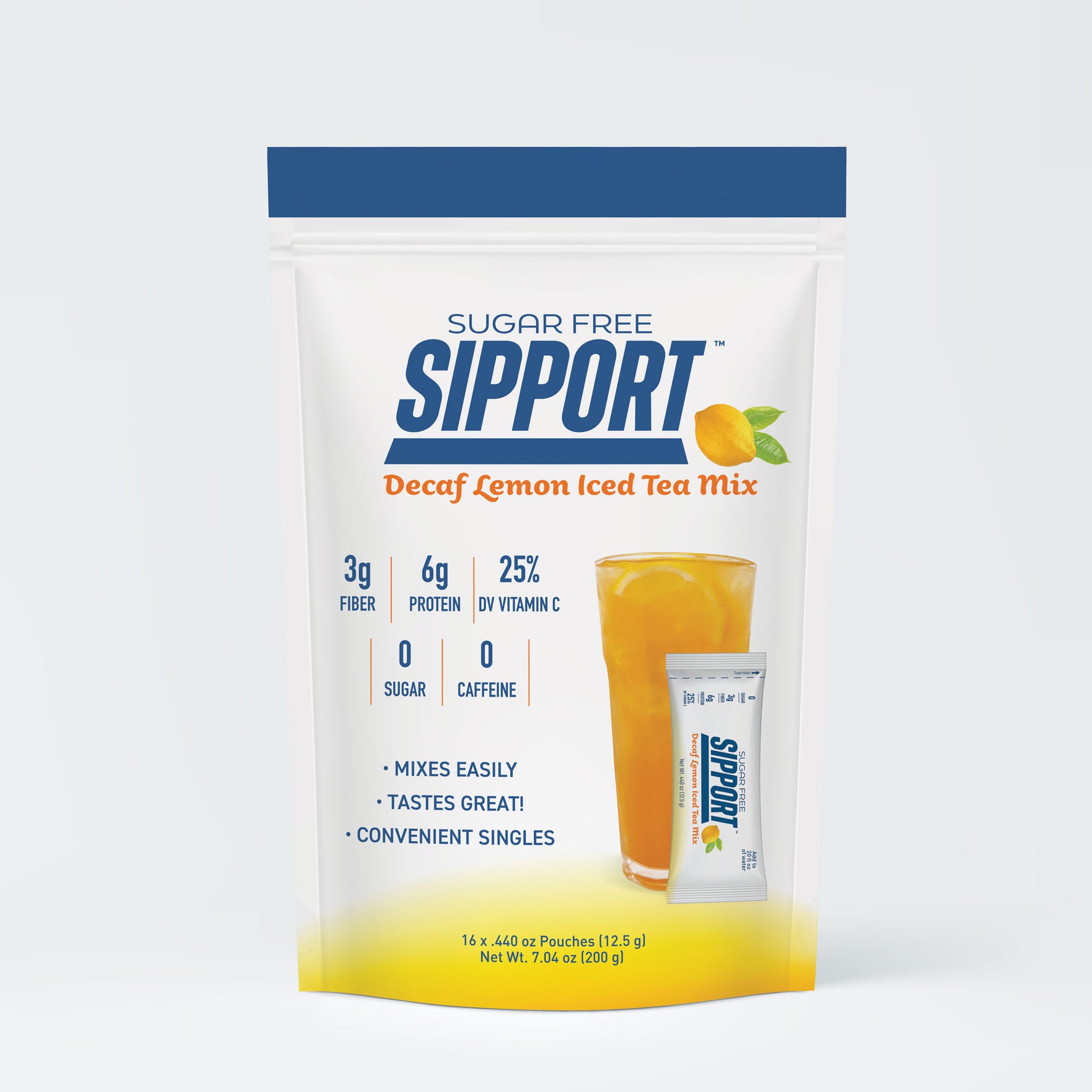 Sugar-free Support Decaf Lemon Iced Tea Mix package on a white background